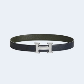 에르메스 H STRIE 리버서블 벨트 카키 은장 32mm