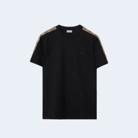 버버리 체크 트리밍 코튼 티셔츠 블랙